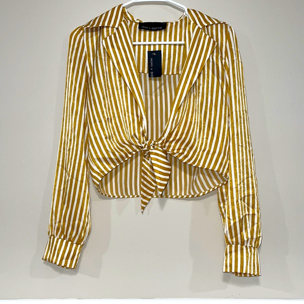 Yellow and white striped tie up blouse